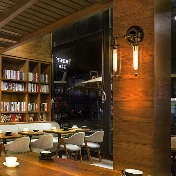 Adjustable Vintage Wall Light with Rustic Metal Cage