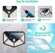 100 LED Solar Security Light, PIR Motion Sensor Wall Light, 3 Modes, 270° Wide Angle, IP65 Waterproof for Outdoor Garden Fence Yard & Pathway