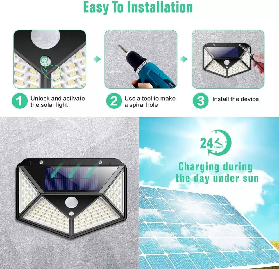 100 LED Solar Security Light, PIR Motion Sensor Wall Light, 3 Modes, 270° Wide Angle, IP65 Waterproof for Outdoor Garden Fence Yard & Pathway