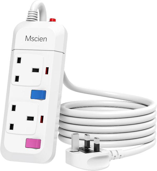 2-Way Extension Lead with Individual Switches, Overload Protection & 1.5M Wall-Mount Cable