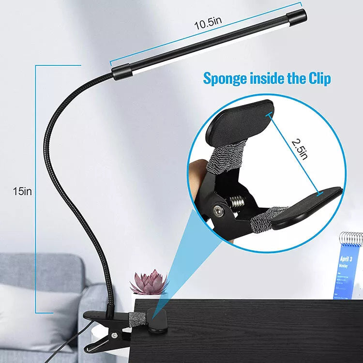 USB Clip On Desk Lamp Flexible Clamp Reading Light LED Bed Table Bedside Night