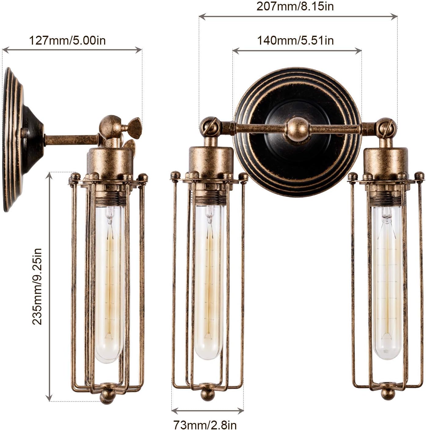 Adjustable Vintage Wall Light with Rustic Metal Cage