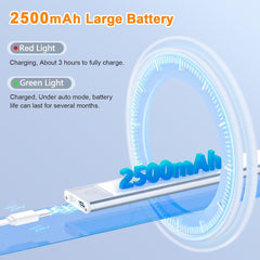 2500mAh battery pack with charging indicators on a light blue background