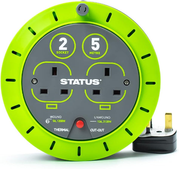 2-Socket 5M Green Cable Reel Extension Lead, 13A Heavy Duty with Thermal Cut-Out