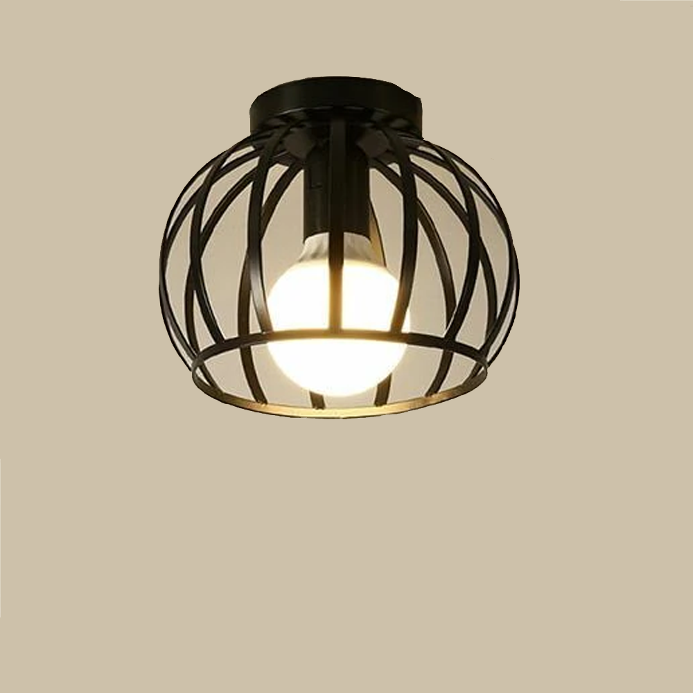 Vintage Semi Flush Ceiling Light – Black Metal Cage Fixture with E27 Holder for Living Room, Kitchen, Bedroom, or Hallway
