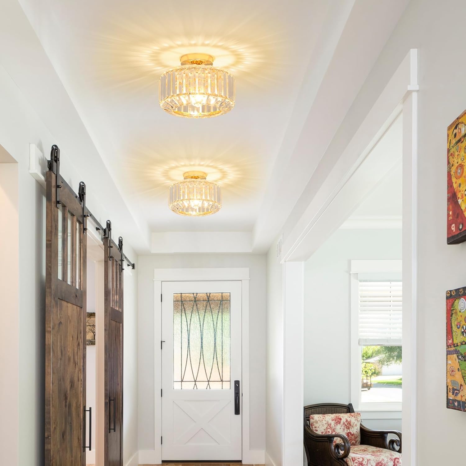 Modern Crystal Ceiling Light with Glass Lampshade Chrome