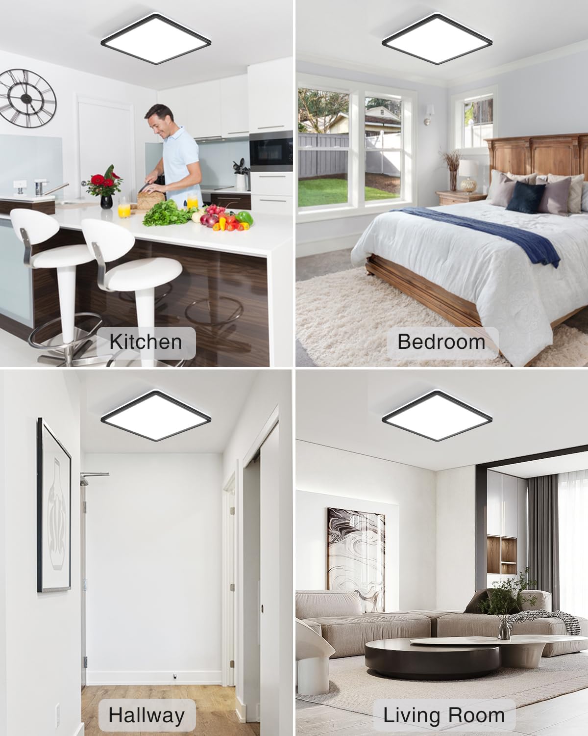 36W Square LED Ceiling Light, 3300LM, 5000K Daylight, IP44 Waterproof, Slim Black Design