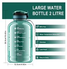 2L Large Water Bottle – BPA-Free Sports Drink Jug with Time Markings, Cyan