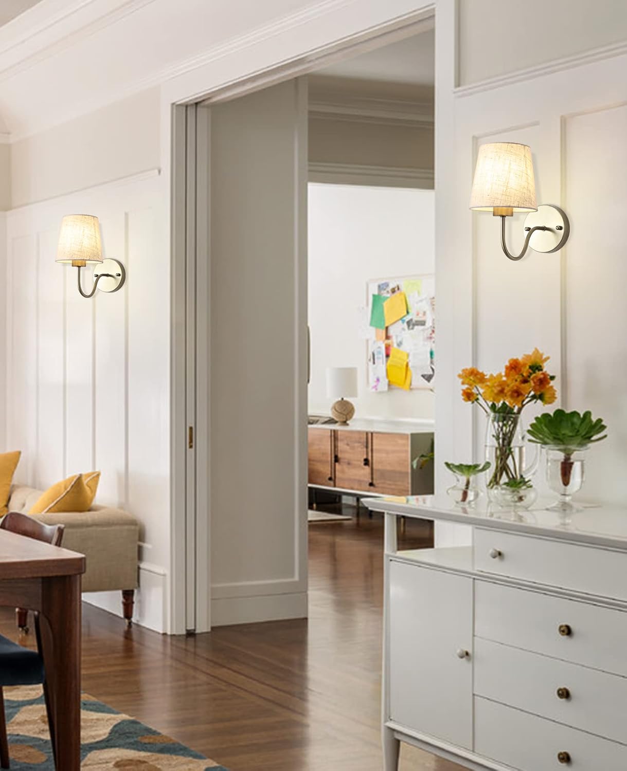 Set of 2 Gold Wall Lights – Vintage Indoor Sconces with Fabric Shade, E27 Compatible