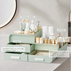 Green Makeup Organizer Box with Drawers for Skincare and Jewelry Storage