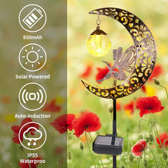 Solar Lights Outdoor Garden Ornaments – Moon Fairy Solar Crackle Glass Lights, Waterproof LED Metal Stake Light for Patio, Lawn & Pathway Decorations