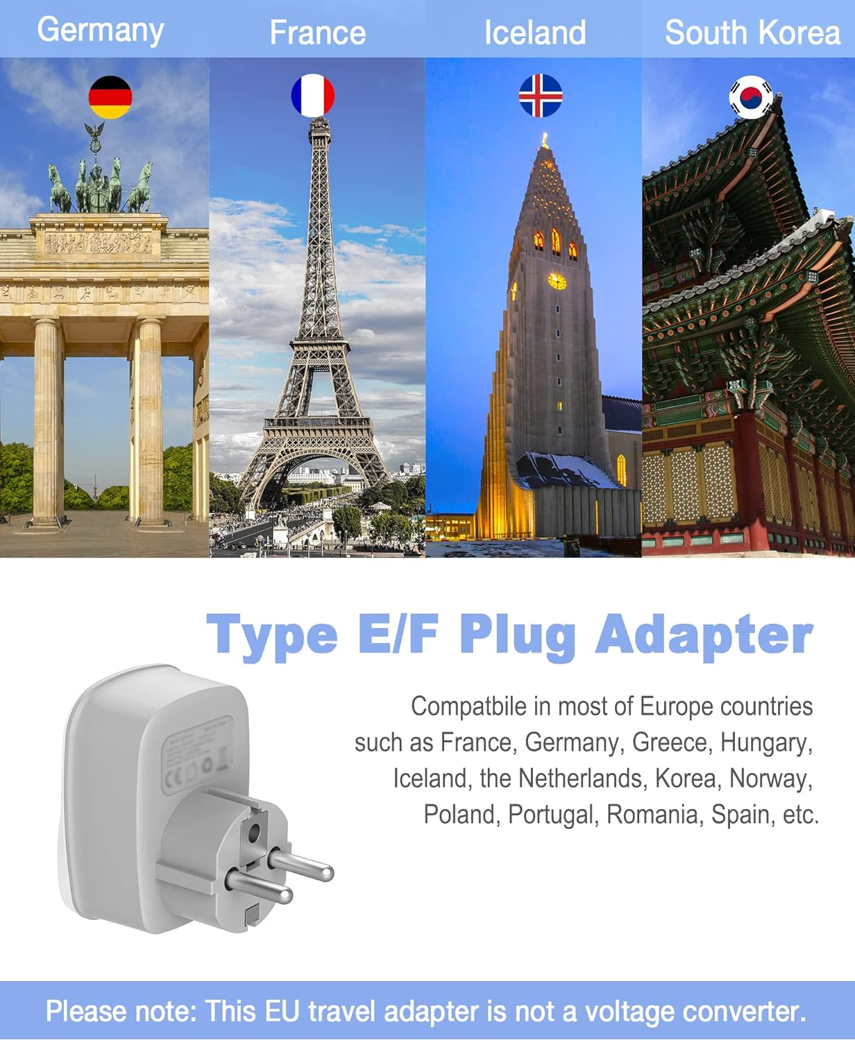 Travel Adapter with 2 USB Ports, Type E/F Grounded Plug for Europe