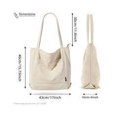 Corduroy Tote Bag with Zipper – Large Waterproof Shoulder Bag for Women