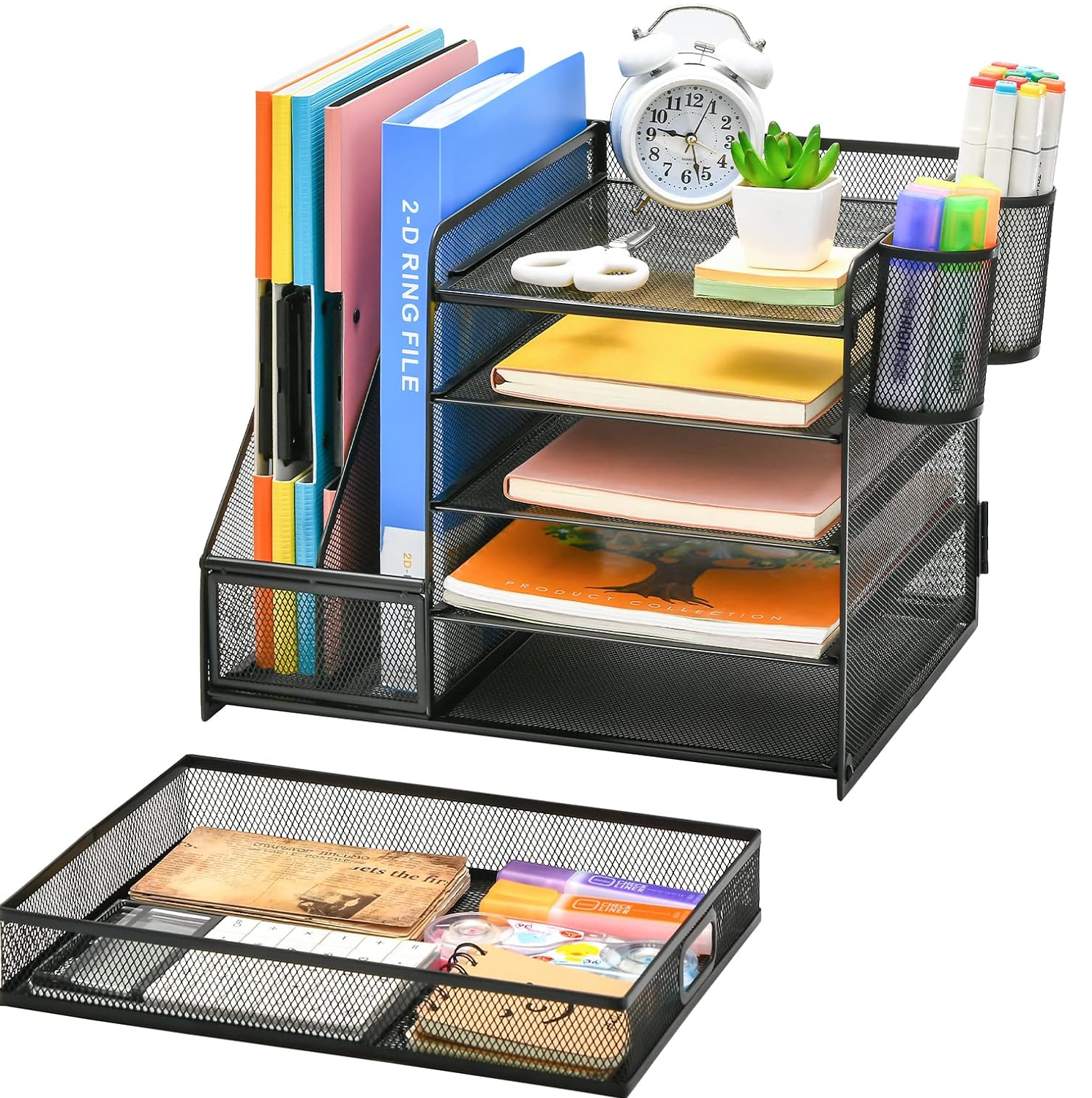 5-Tier Mesh Desk Organiser with Drawer & Pen Holders – File & Paper Tray Storage, Black
