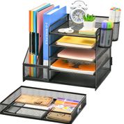 5-Tier Mesh Desk Organiser with Drawer & Pen Holders – File & Paper Tray Storage, Black