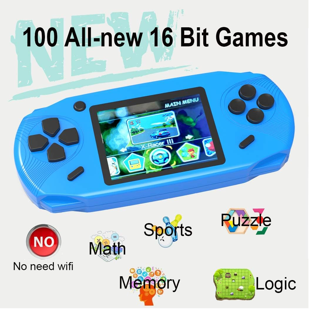 16-Bit Handheld Game Console with 100 Classic Games, 3.0" Screen (Blue)