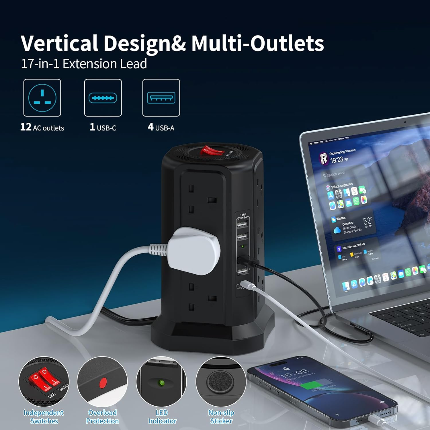 12-Way Tower Extension Lead with 5 USB Ports & USB-C Fast Charger, 5M Cable, 3250W