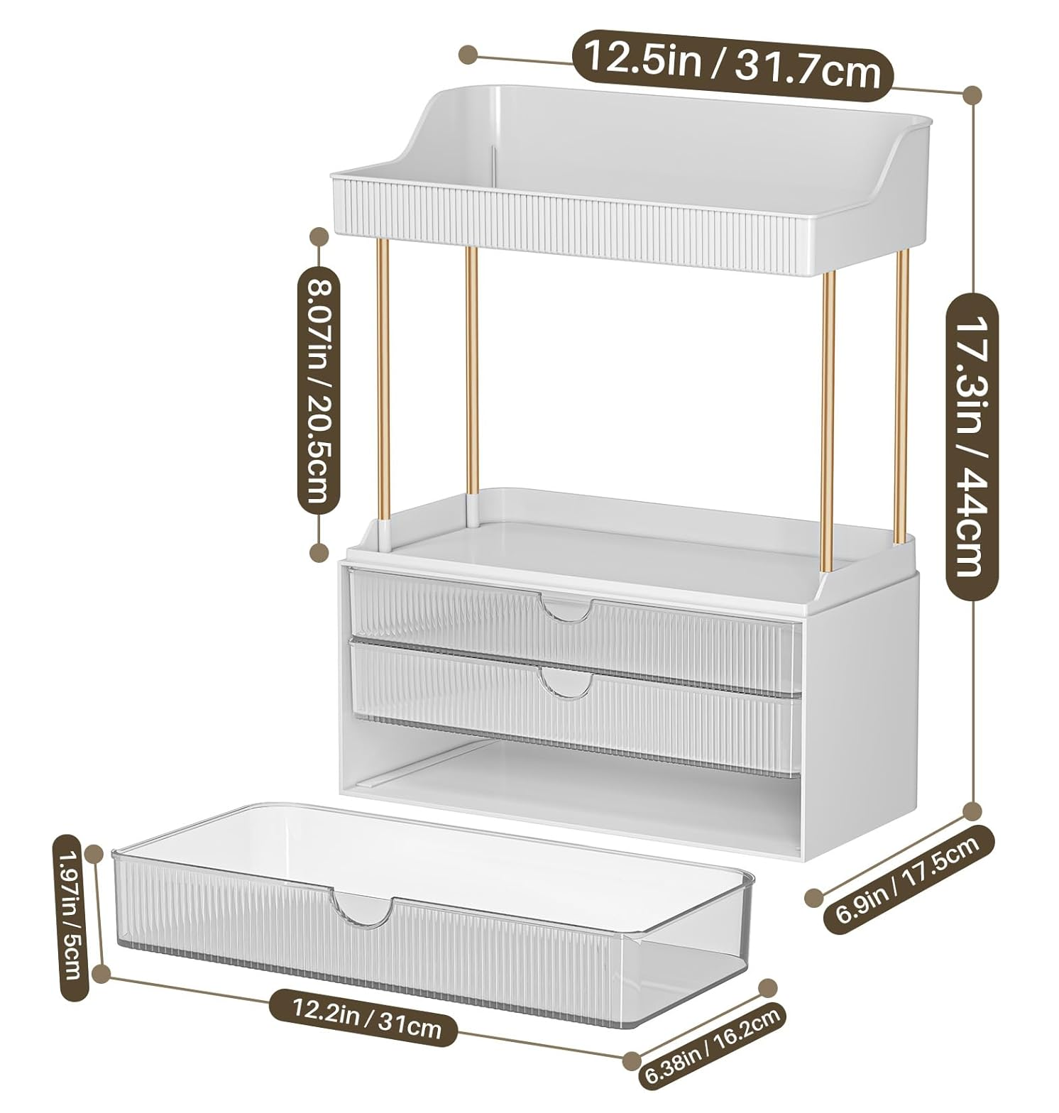3 Tier Clear Cosmetic Organizer Large Vanity Storage with Drawers