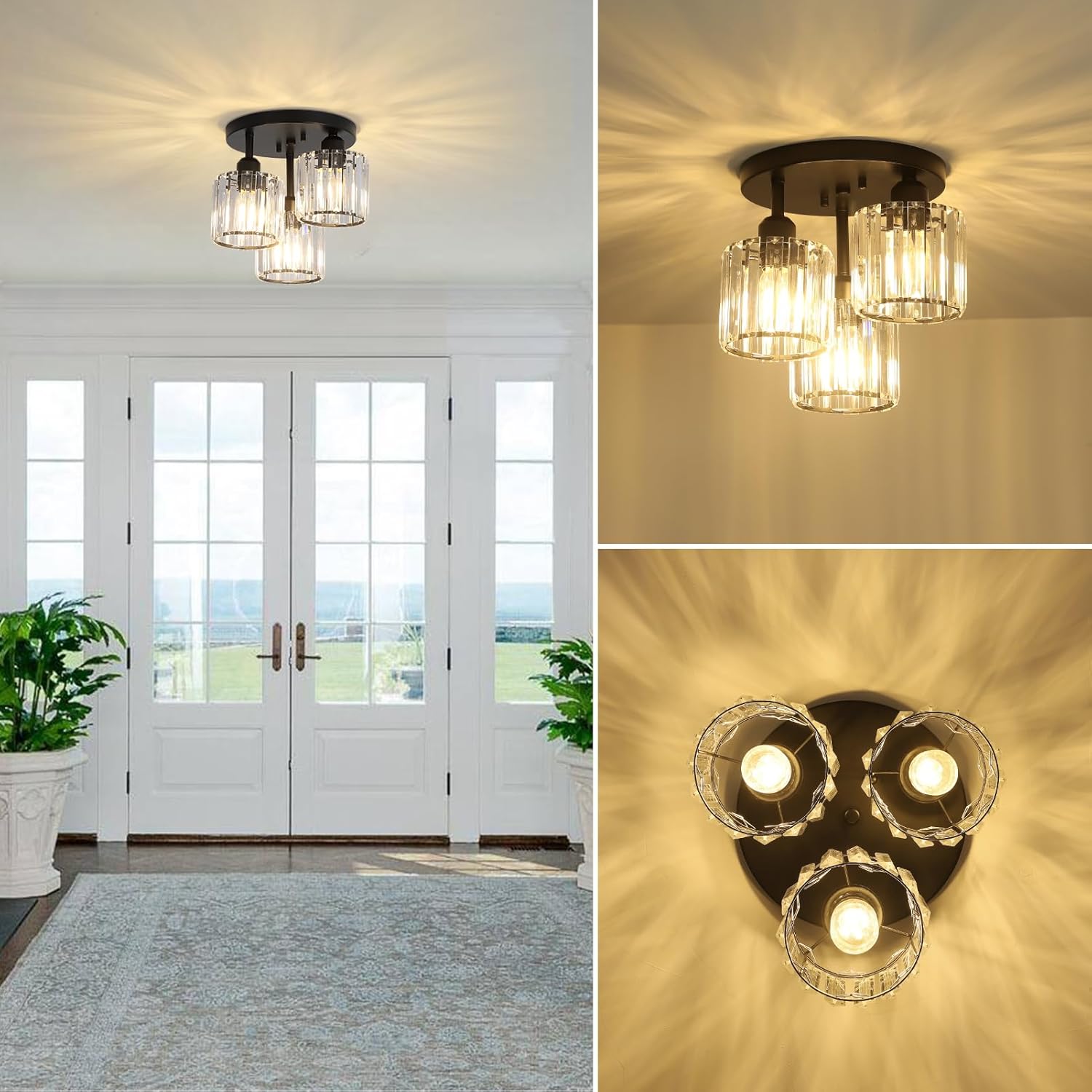 Modern Crystal Chandeliers Ceiling Light, 3-Lights Crystal Ceiling Lights Living Room, Black Semi Flush Ceilings Light Fittings for Hallway