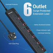 6 Way Extension Lead with Individual Switches – 5M Surge Protected Power Strip, 13A, Black