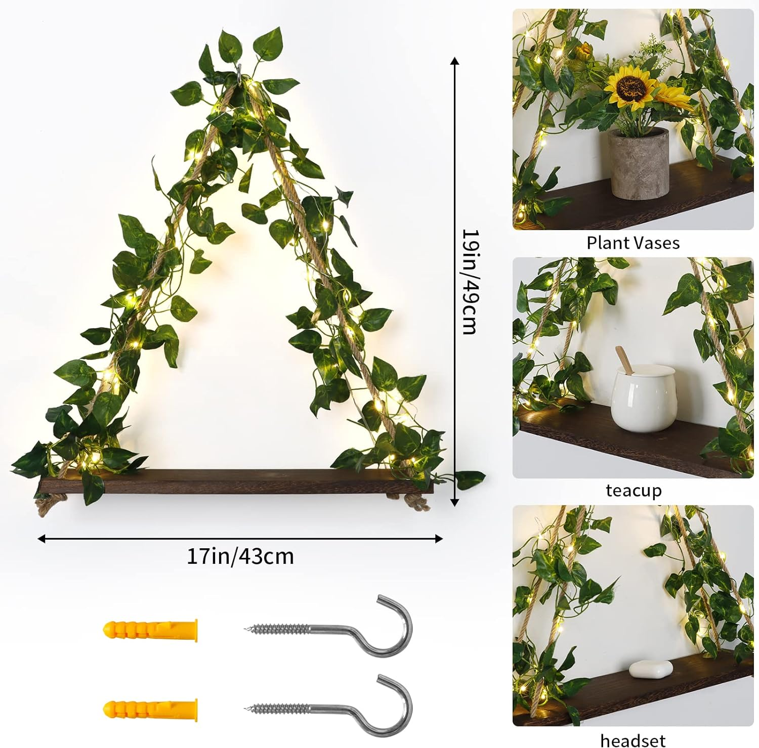 Set of 2 Macrame Hanging Shelves with Ivy & LED Lights – Rustic Boho Wall Décor