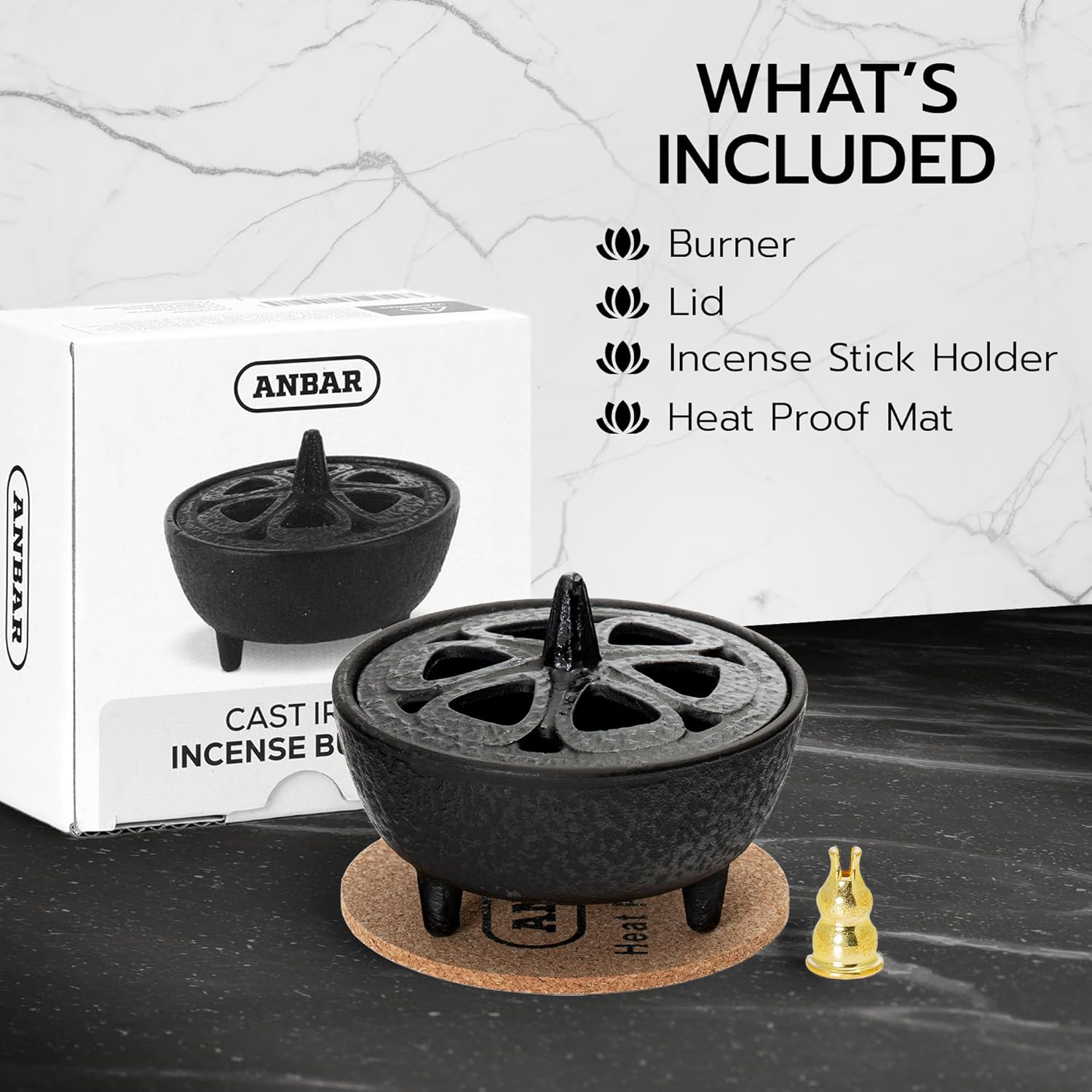 Anbar Lotus Incense Burner – Cast Iron Bowl with Lid for Sticks, Cones & Resin