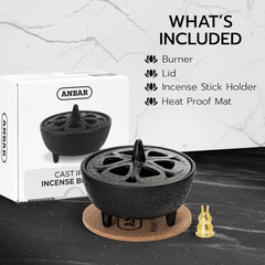 Anbar Lotus Incense Burner – Cast Iron Bowl with Lid for Sticks, Cones & Resin