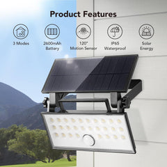 Solar Motion Sensor Lights Outdoor 2600mAh, 5000K Daylight White Security Lamp 800Lm with 3 Light Modes, IP65 Waterproof LED Solar Outdoor Spotlight