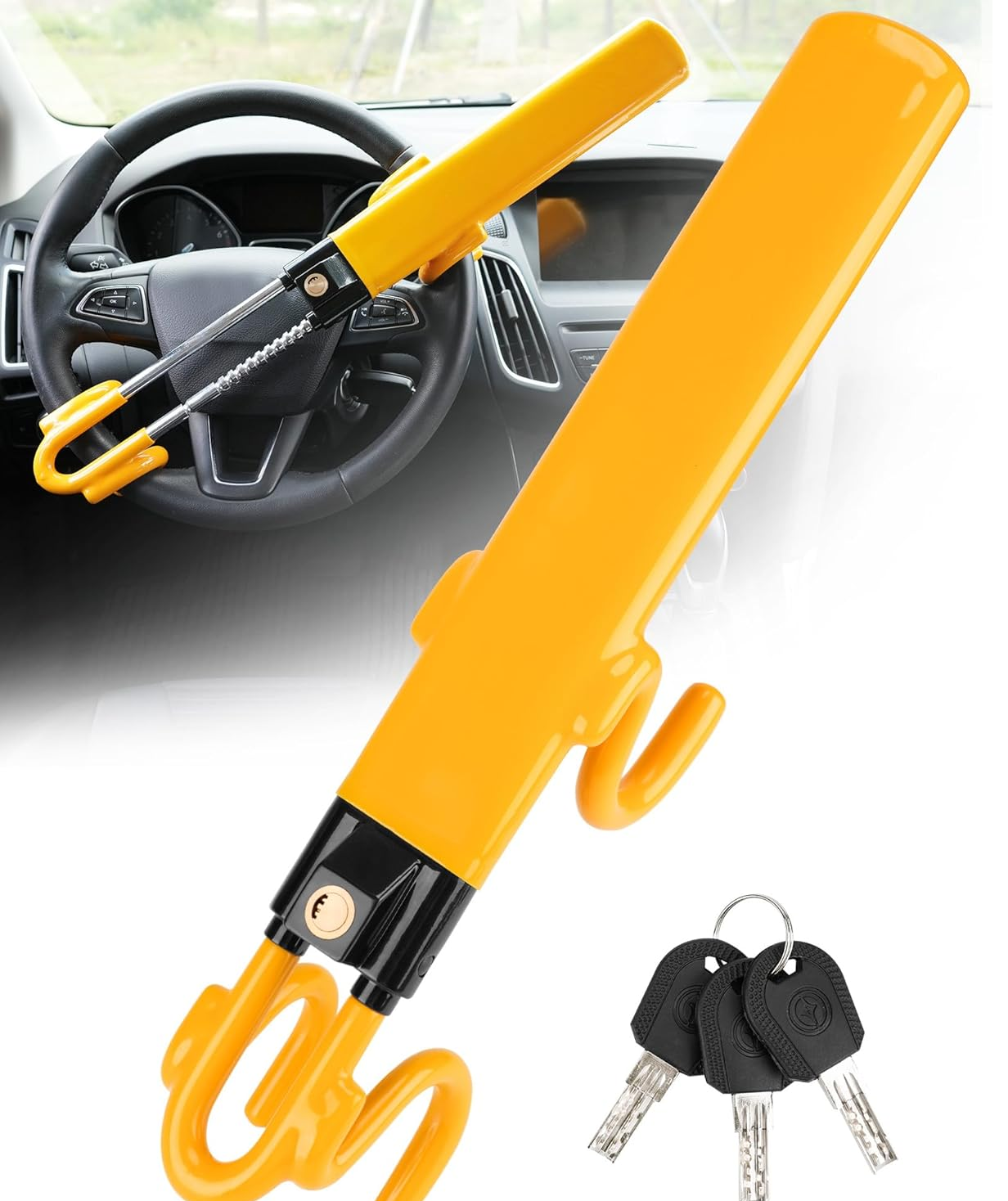 Universal Twin Bar Steering Wheel Lock – Heavy-Duty Adjustable Car Anti-Theft Device with 3 Keys (Yellow)