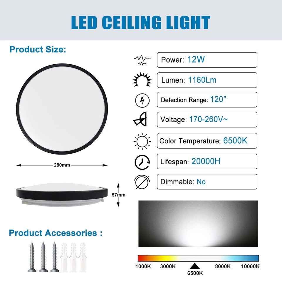 Modern Round LED Ceiling Light – 12W/18W, Waterproof, 6500K
