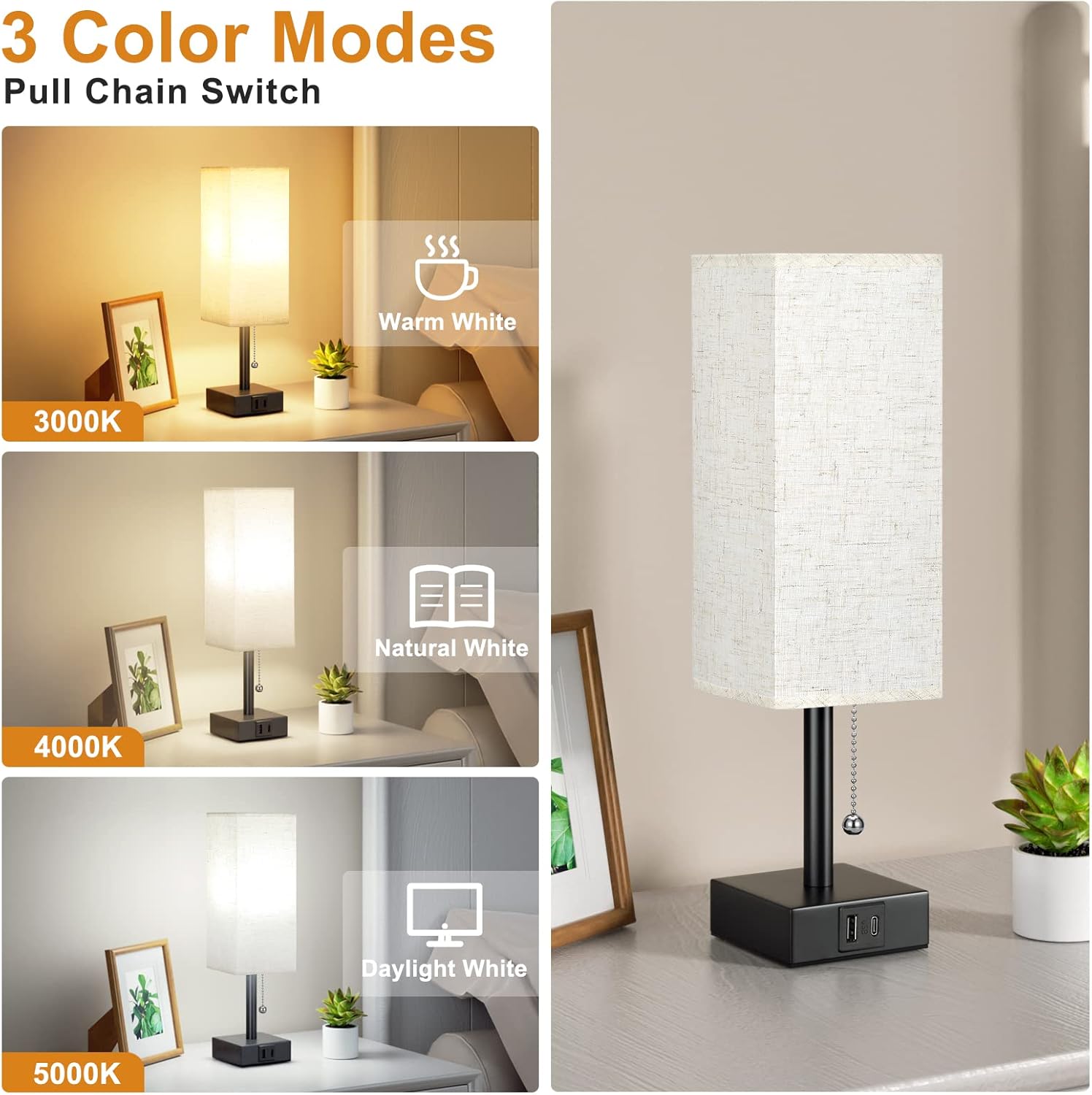 USB Bedside Table Lamp with 3 Color Modes & Pull Chain