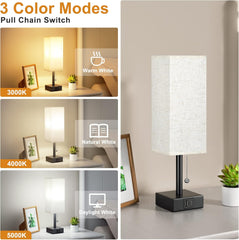 USB Bedside Table Lamp with 3 Color Modes & Pull Chain