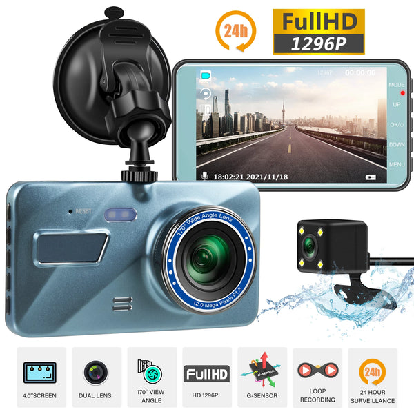 Full HD 1296P Dual Dash Cam - 170° Wide Angle, 4.0-inch Display, WDR Night Vision