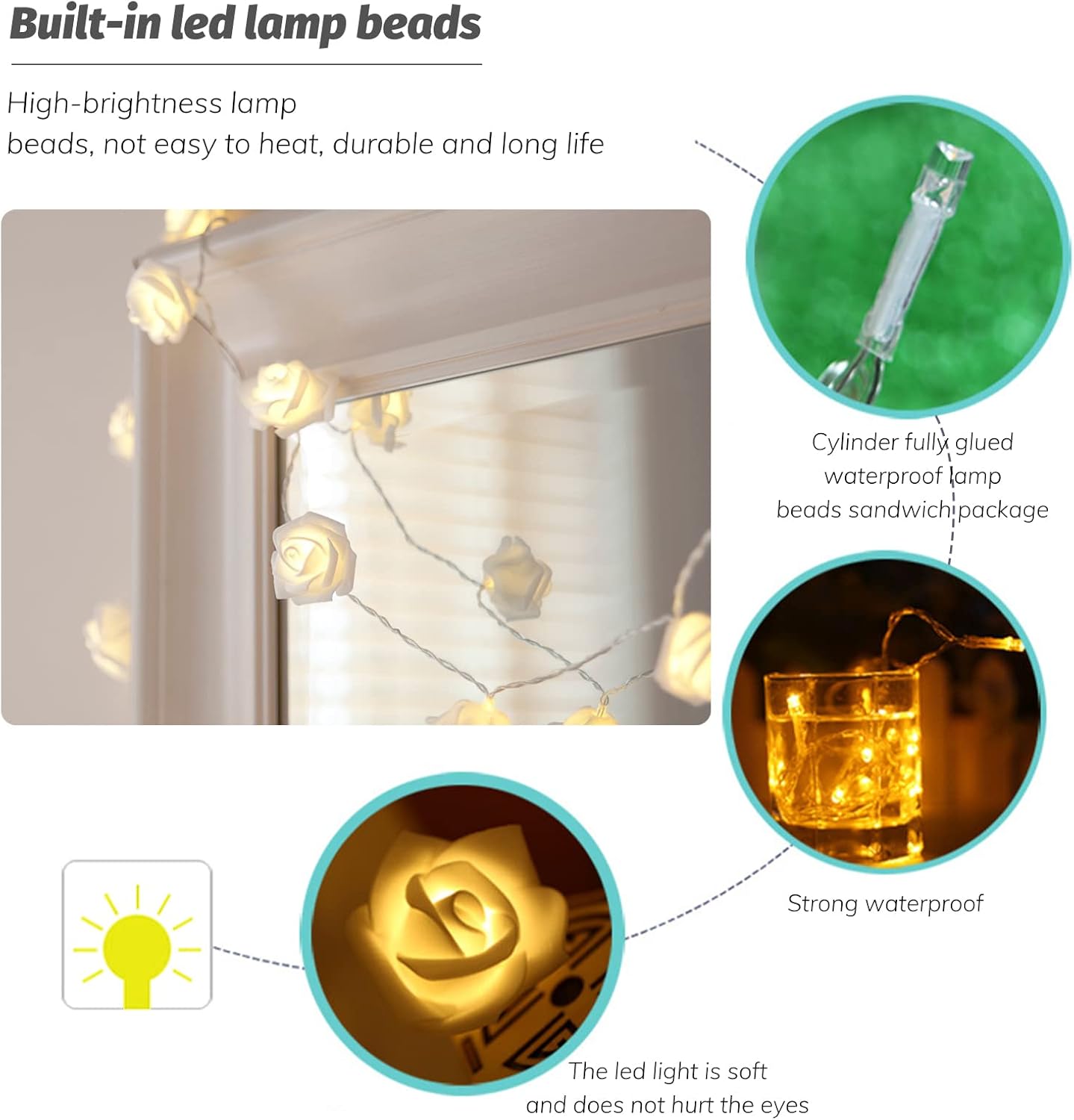 LED Rose Flower String Lights, 20 Warm White Battery Fairy Lights