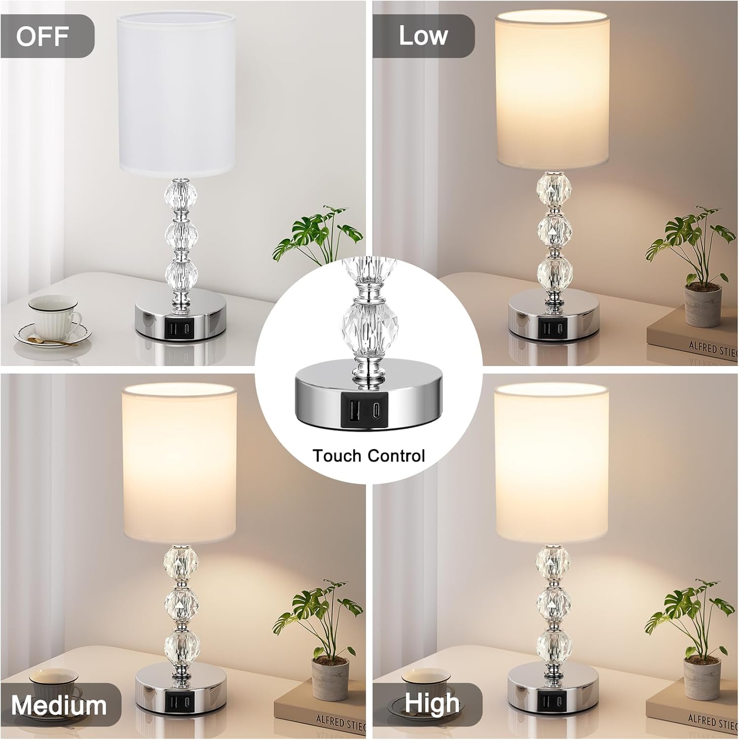 Crystal Touch Bedside Lamp with USB-C & Dimmable Light