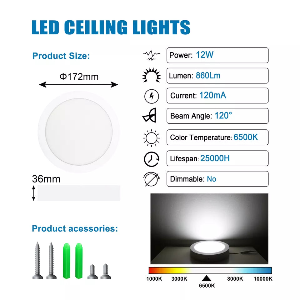 LED Round Ceiling Light – 10W-24W, Cool White