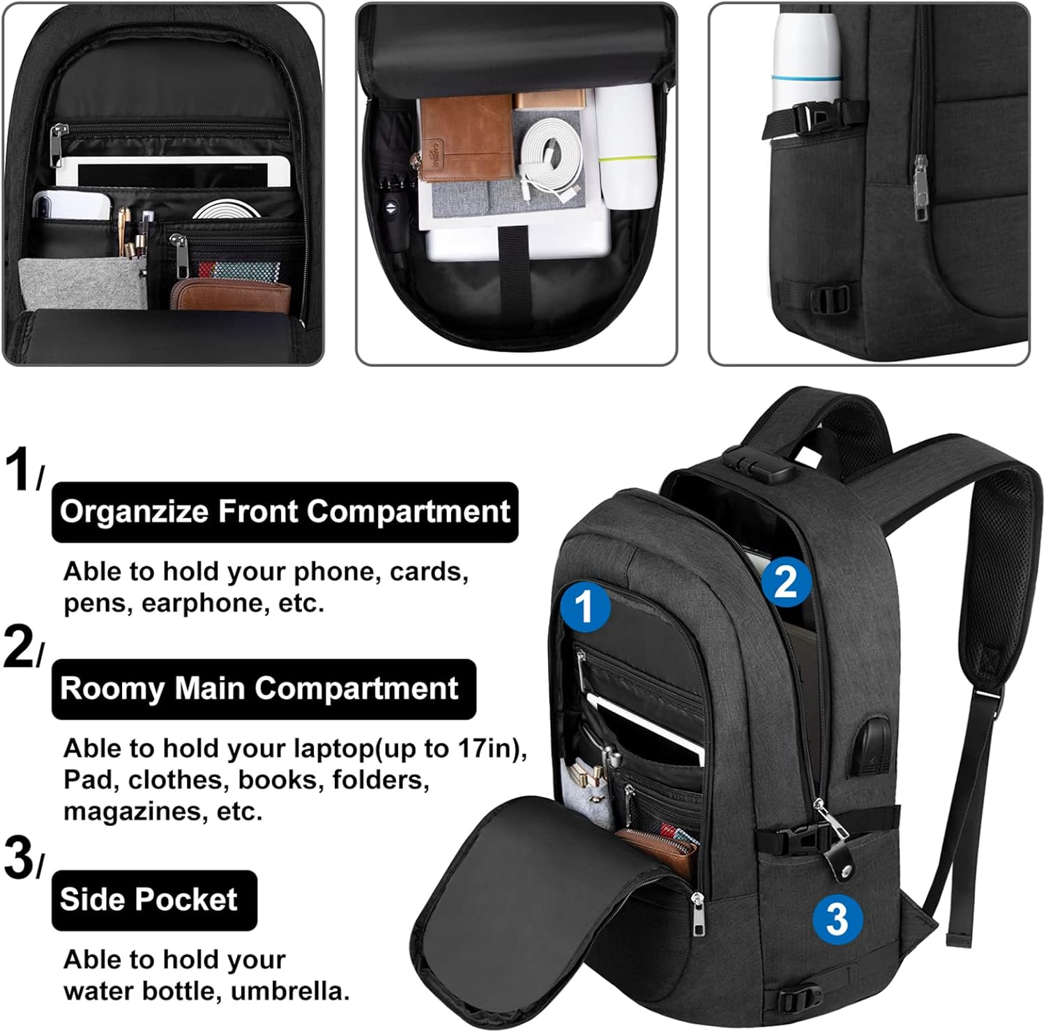 Anti-Theft Laptop Backpack – 17.3" Water-Resistant Business Travel Bag with USB Port