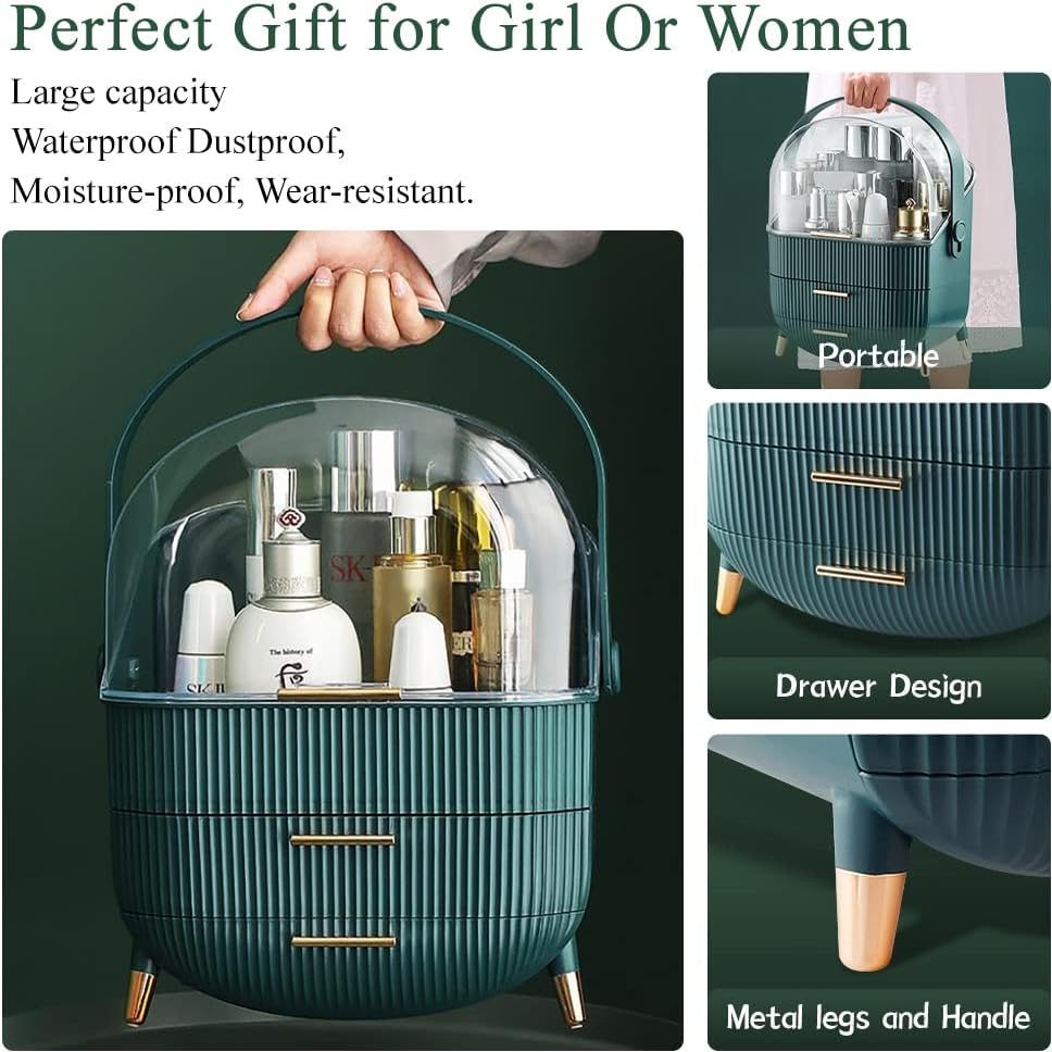 Dustproof Makeup Organizer Box with Lid – Skincare & Jewelry Storage (Green)