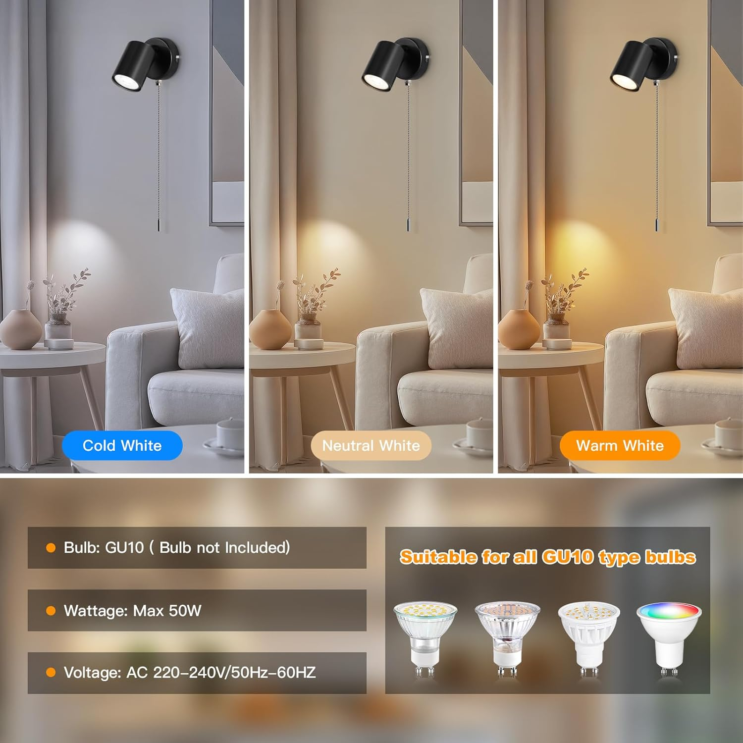 Modern Adjustable Wall Lamp – Black GU10 Spotlight with Pull Cord Switch, Indoor Use