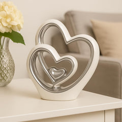 Silver Double Heart Ceramic Ornament for Modern Home Décor