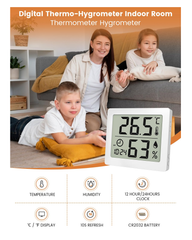 Digital Thermo-Hygrometer with Clock, Temperature & Humidity Monitor (White)