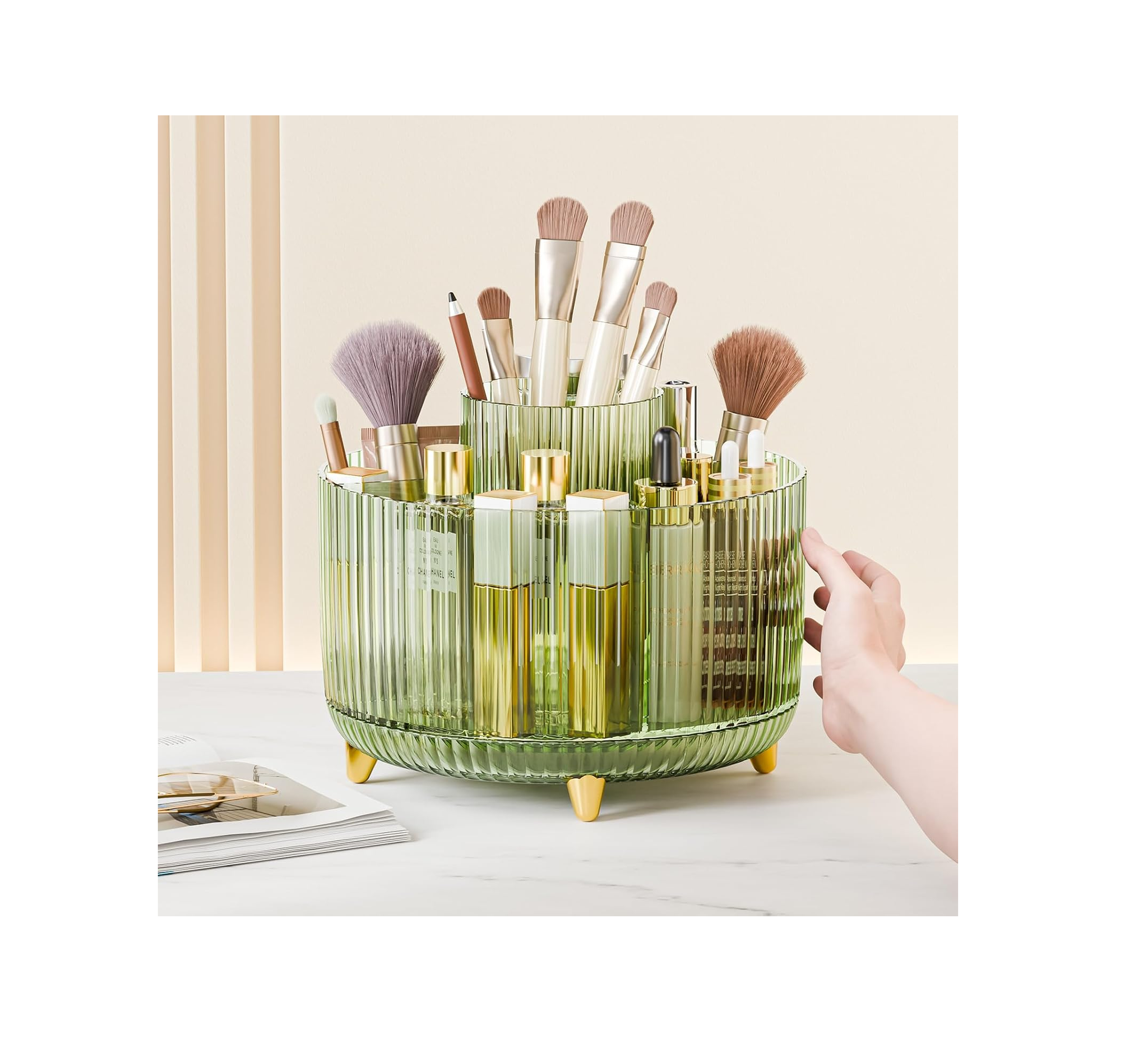 360° Rotating Makeup Organizer with 5 Compartments – Brush & Skincare Holder for Vanity