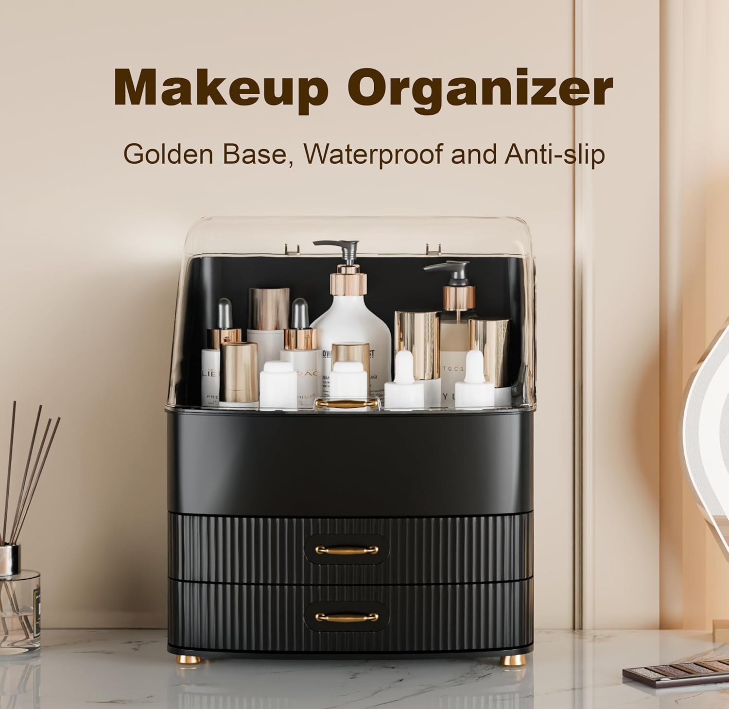 Black Makeup Organizer Box with Lid and Drawers for Vanity Storage