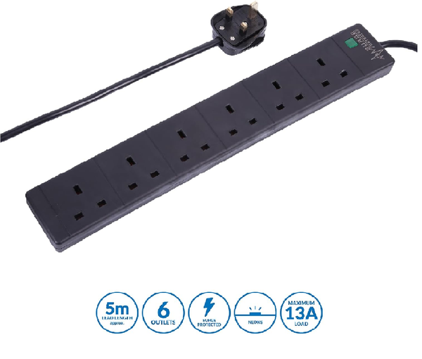6 Gang 5M Extension Lead with Surge Protection, Black Power Strip – PELB1755