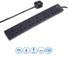 6 Gang 5M Extension Lead with Surge Protection, Black Power Strip – PELB1755