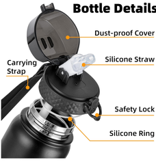 1L Stainless Steel Insulated Water Bottle – Black Leakproof Flask with Straw Lid