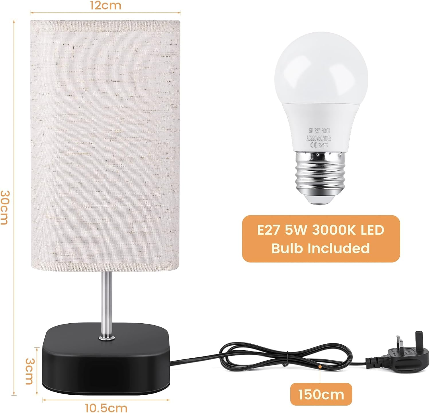 Touch Control Bedside Lamp – 3-Way Dimmable Table Light with Linen Shade & Bulb