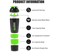 Protein Shaker Bottle 500ml – Green BPA-Free Gym Bottle with Storage Compartment