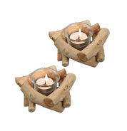 Rustic Driftwood Wooden Tea Light Candle Holder with Glass