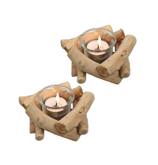 Rustic Driftwood Wooden Tea Light Candle Holder with Glass